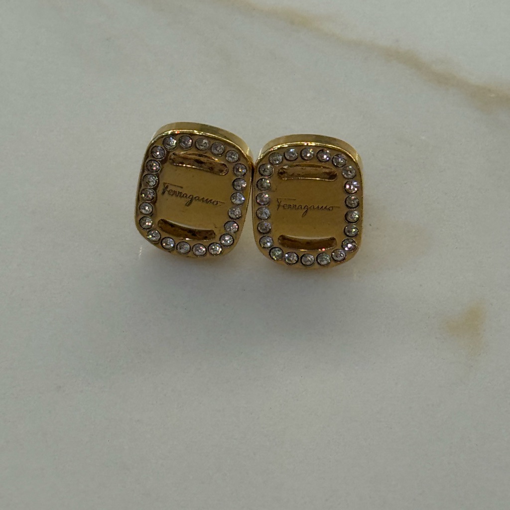 Authentic Salvatore Ferragamo Vintage Gold Tone Rhinestone Pierced Earrings